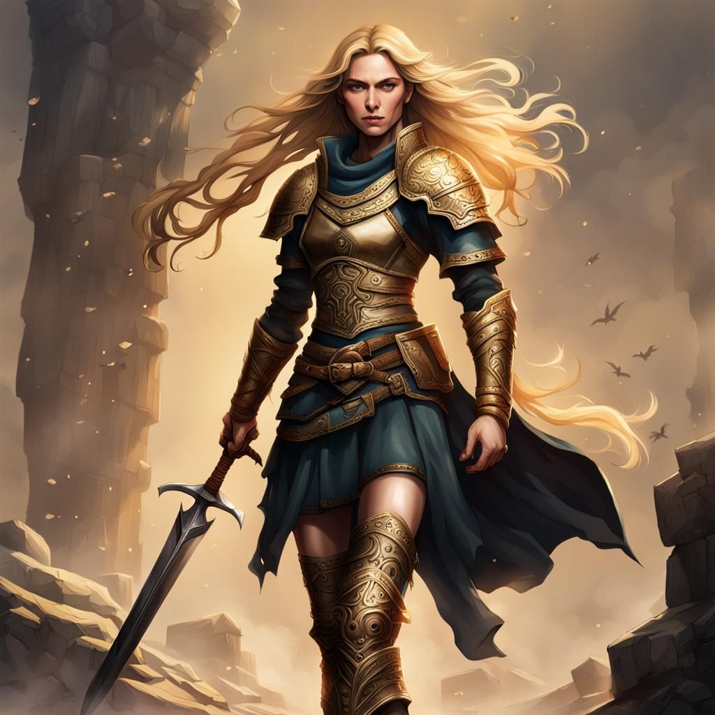 A female warrior with long wavy golden blonde hair wearing thigh high ...