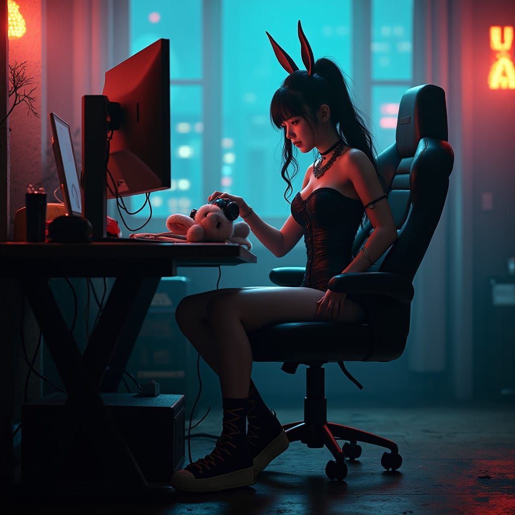 Dark Gaming Dancer in Futuristic Post-Apocalyptic Lair