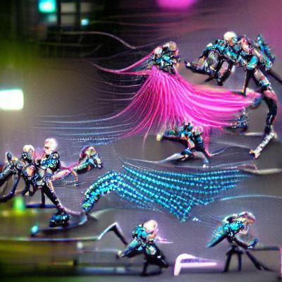 Bright detailed nanotech cyberpunk dancers