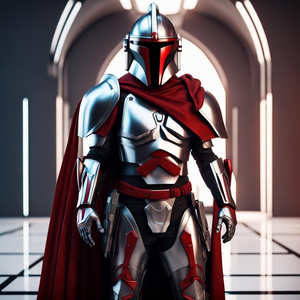 Silver And Red Futuristic Mandolorian Armor With Cape - Ai Generated 