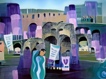 Rome, coliseum, aqueduct, lilac purple turquoise pale blue, ...