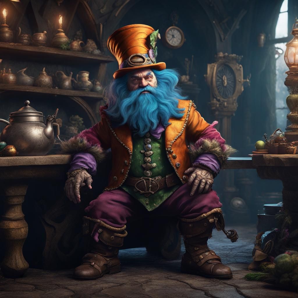 Dwarf, male, jester, mad hatter   by @Reilynn Greyson