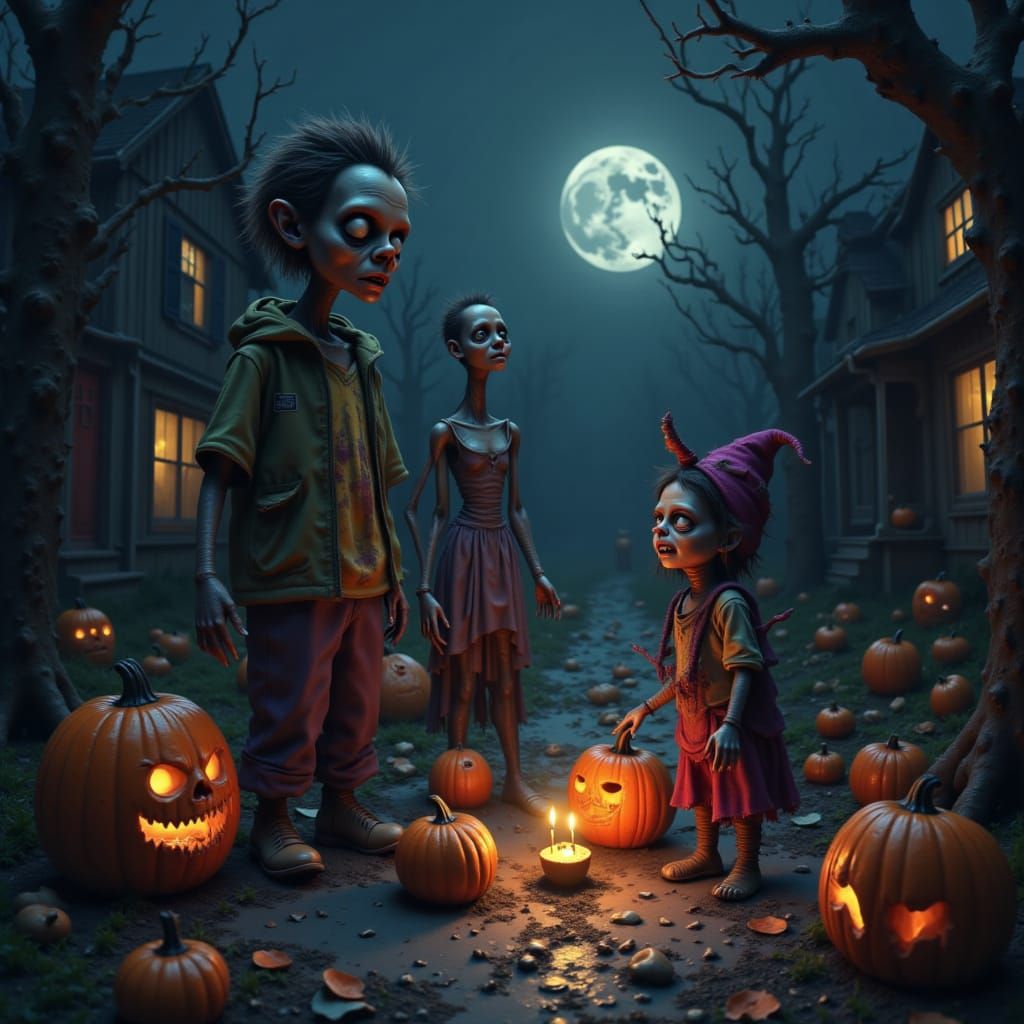 children in the style of <lora:zombiefy:1.5> , playing trick or treat at halloween