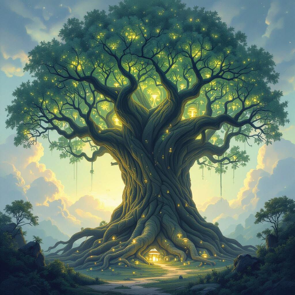 A colossal, ancient tree with bioluminescent leaves, its roots forming intricate natural archways. Within these archways, small, glowing fun...