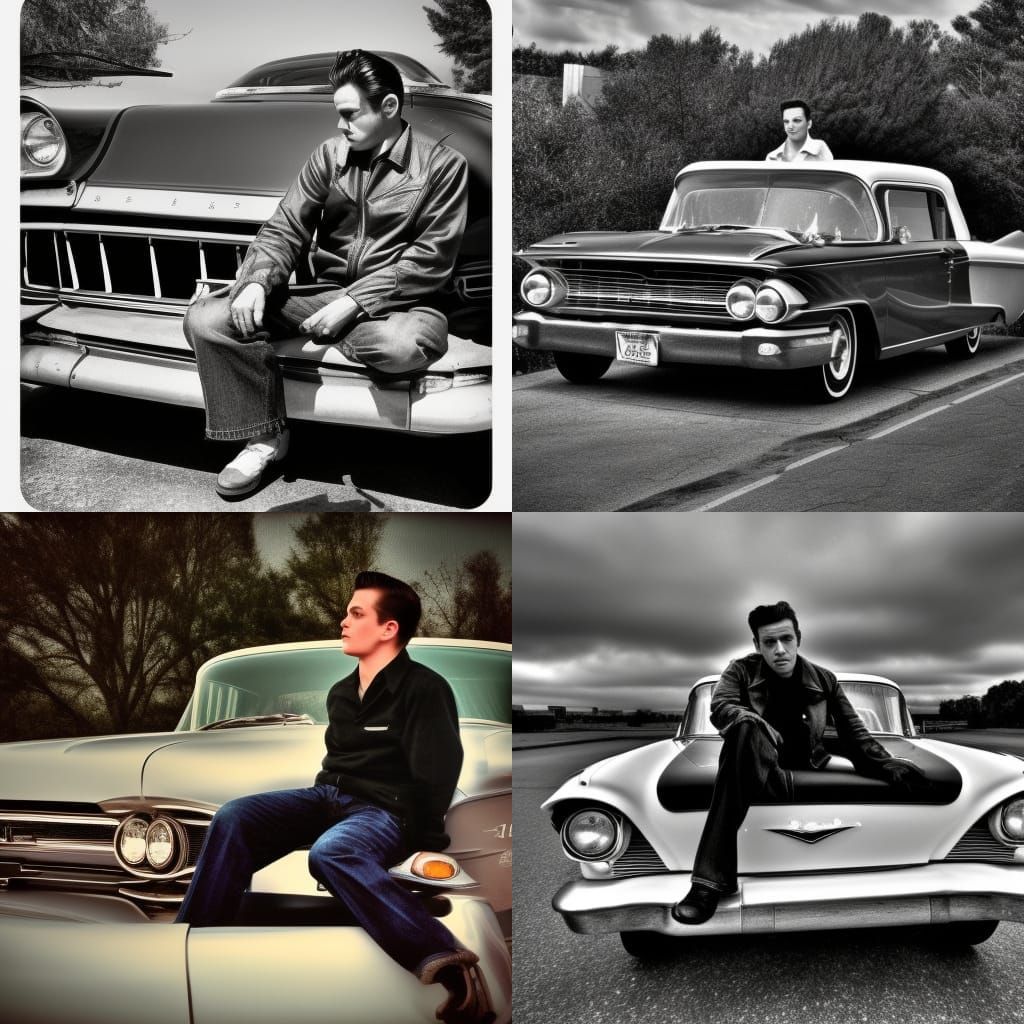 A 1960s greaser sitting on the hood of a older car - AI Generated ...