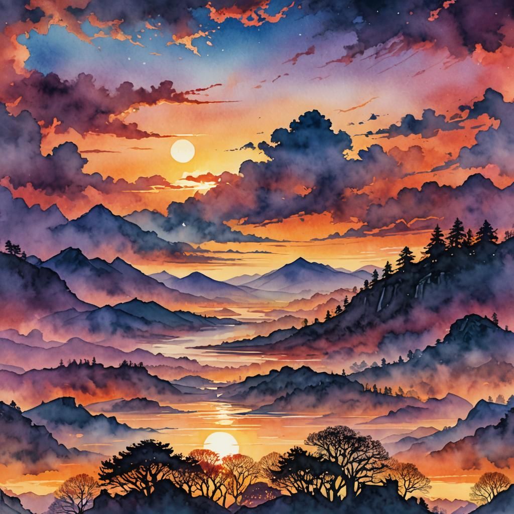 summer sunrise merging into winter sunset, celtic, illustrat...