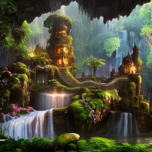 A Very Detailed Stunningly Beautiful Magical Waterfall Garden With A ...