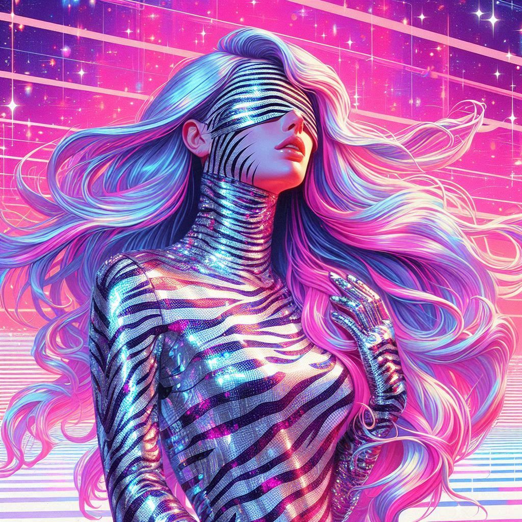 hajime sorayama 1980s retro futurism, irridescent zebra skin, female fashion model. long flowing hair, sequin dress. chr...