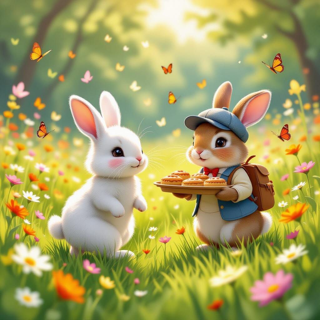 Charming Spring Meadow with Friendly Rabbits and Carrot Past...