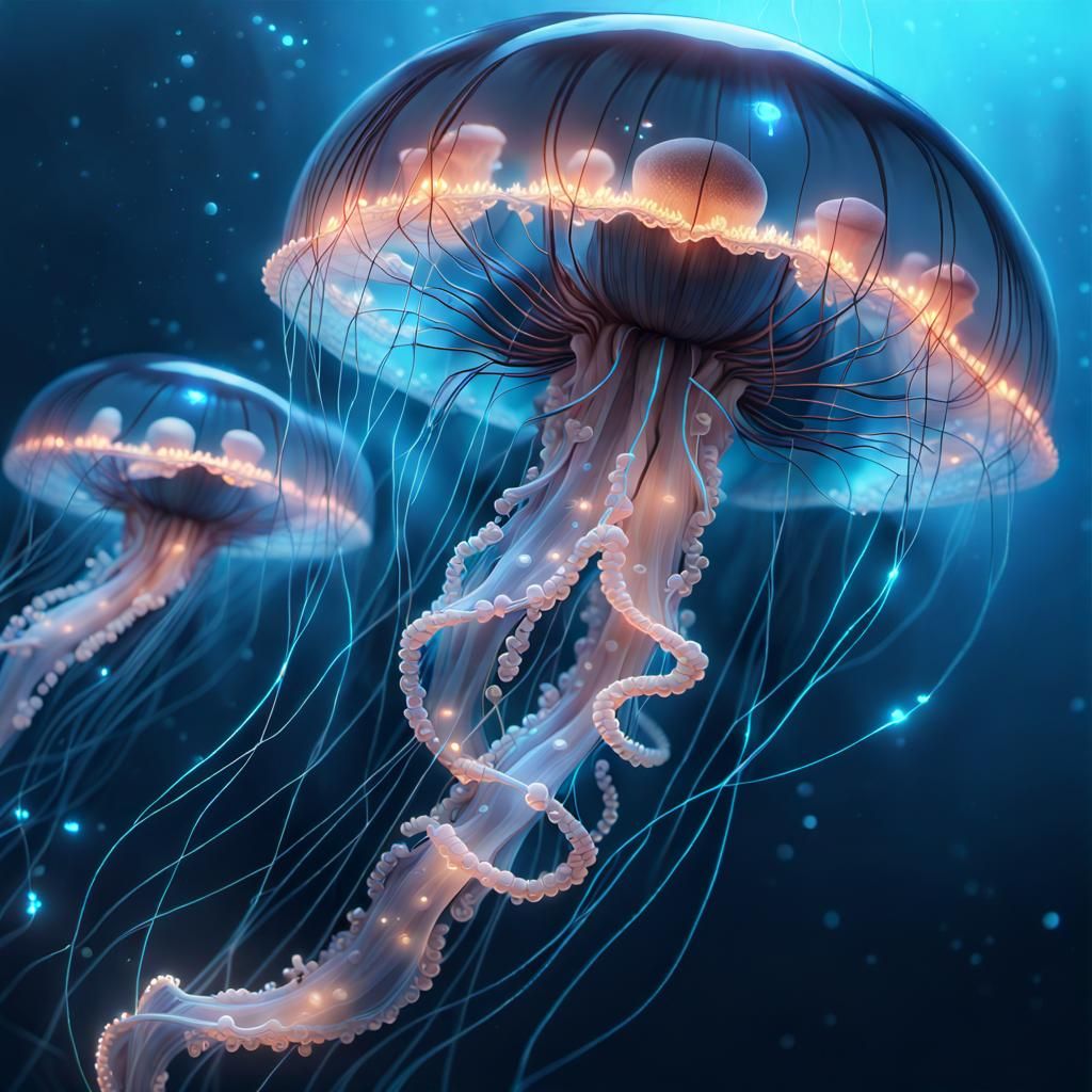 Stunning hyperrealistic image of a sparkly epic bioluminescent glowing jellyfish, intricate glowing runes ...  by @Aia