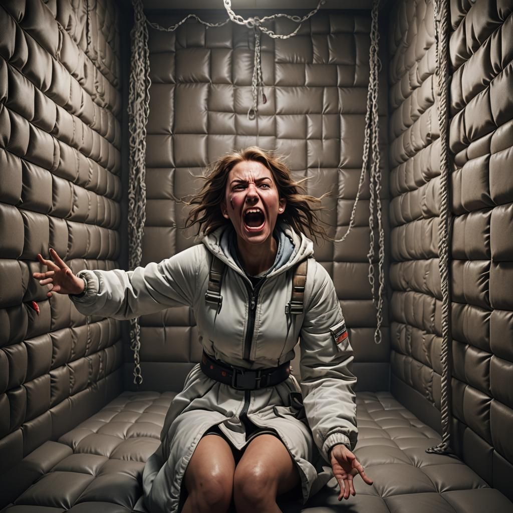 Girl screaming in a padded room tied up