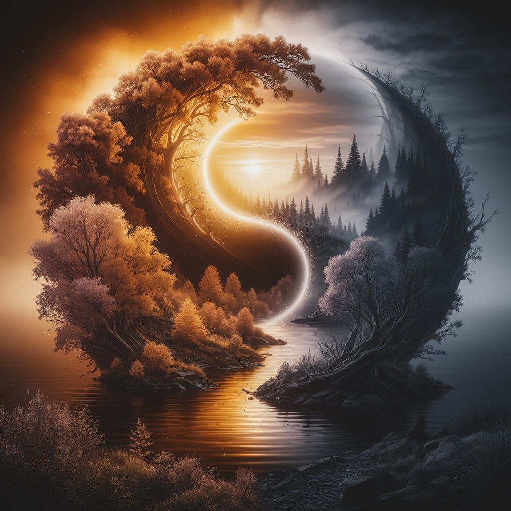 Combine two contrasting ideas into one creation. Render the world as a yin-yang of existence itself: day and night, life and stillness, crea...