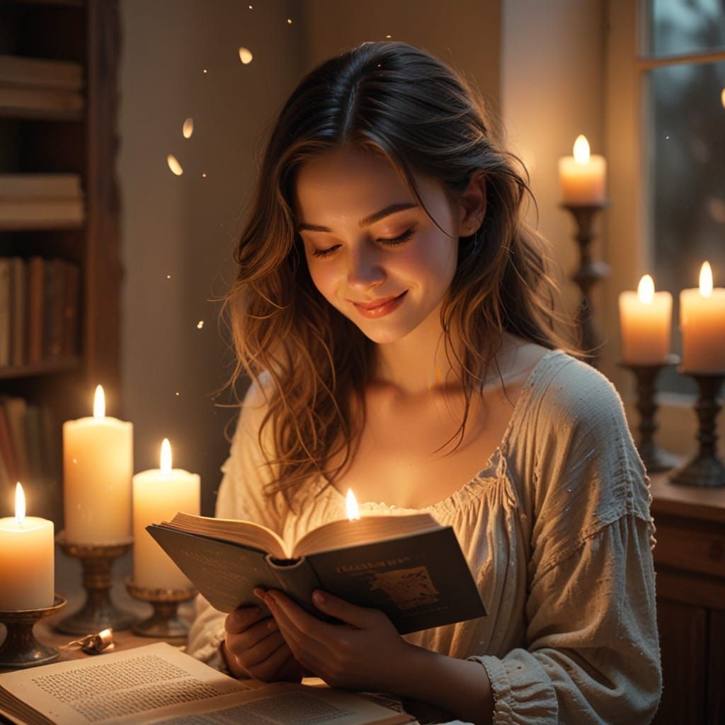 Softly Lit Young Woman in Whimsical Book Nook
