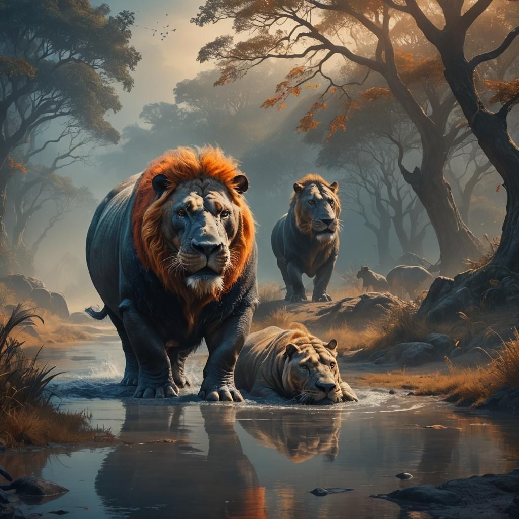 Hippo and Lion Fantasy Concept Art in 8k