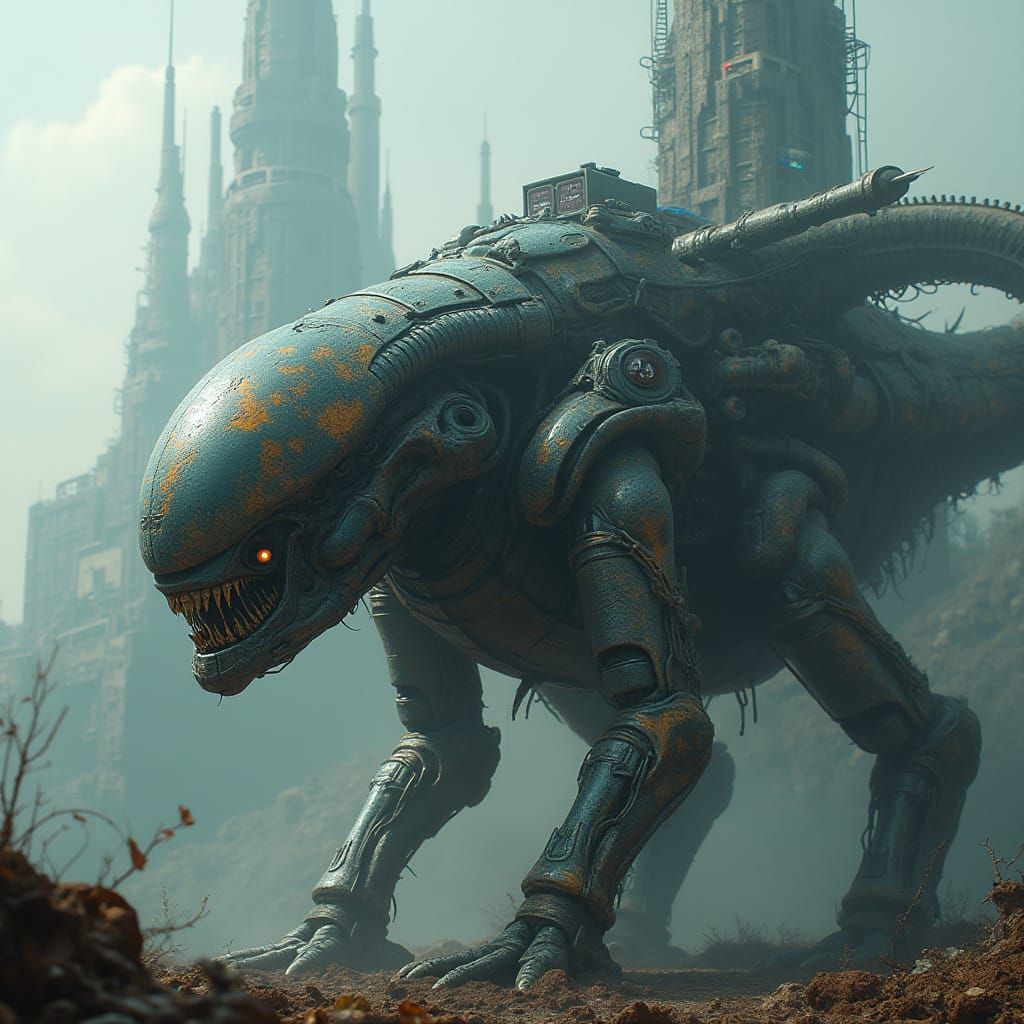 Cyberpunk Biomechanical War Machine Reveals Alien Cityscape