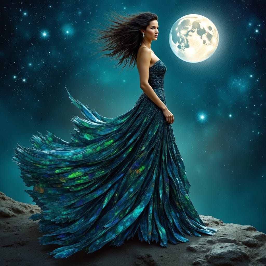 <lora:Eclectic:1.0> <lora:Black Opal:1.0> A woman wearing a dress that looks like black opal