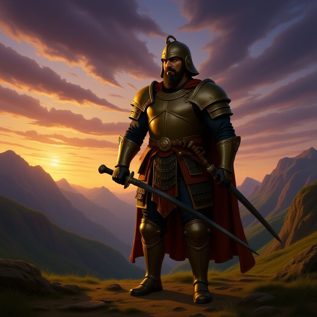 Persian Warrior on Mountain Peak at Sunset