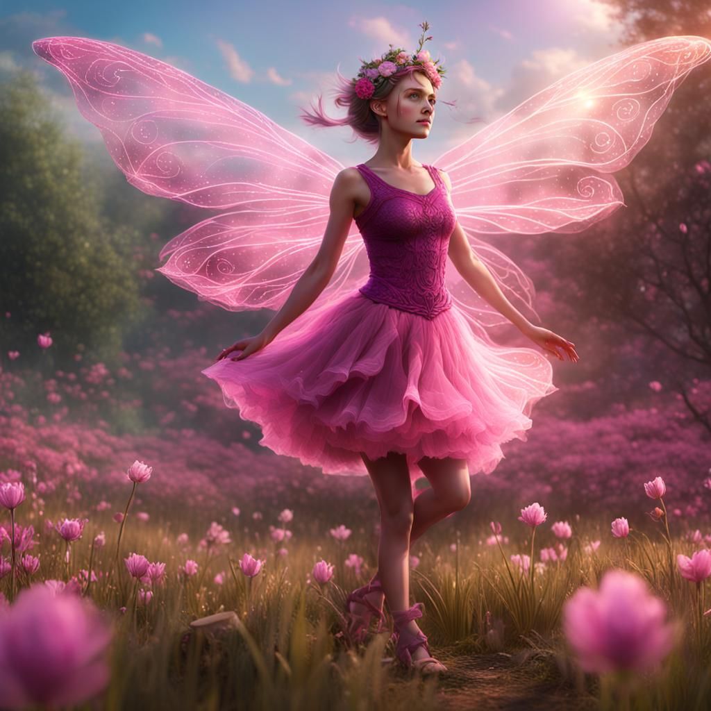 spring fairy in a field wearing light pink top and short mag...
