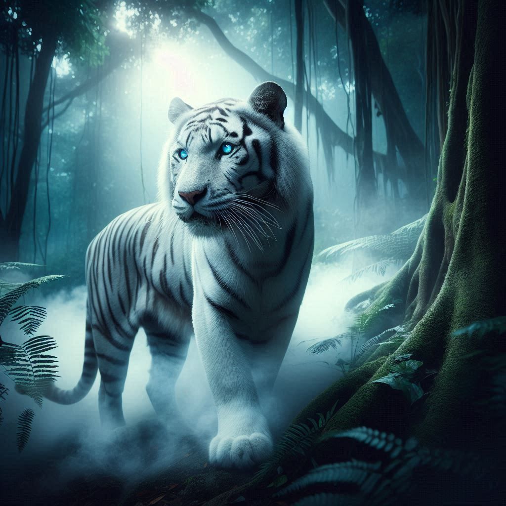White Tiger in a Misty Jungle