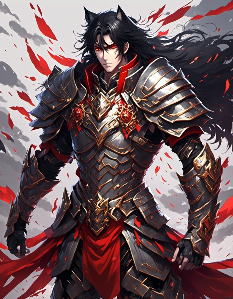 Male Warrior, Gilded Armor with Red Trim, Bold, Charismatic, Stoic, Bipedal, Full Body, Grey Eyes, Black Hair, On the Battlefield, Anime <lo...