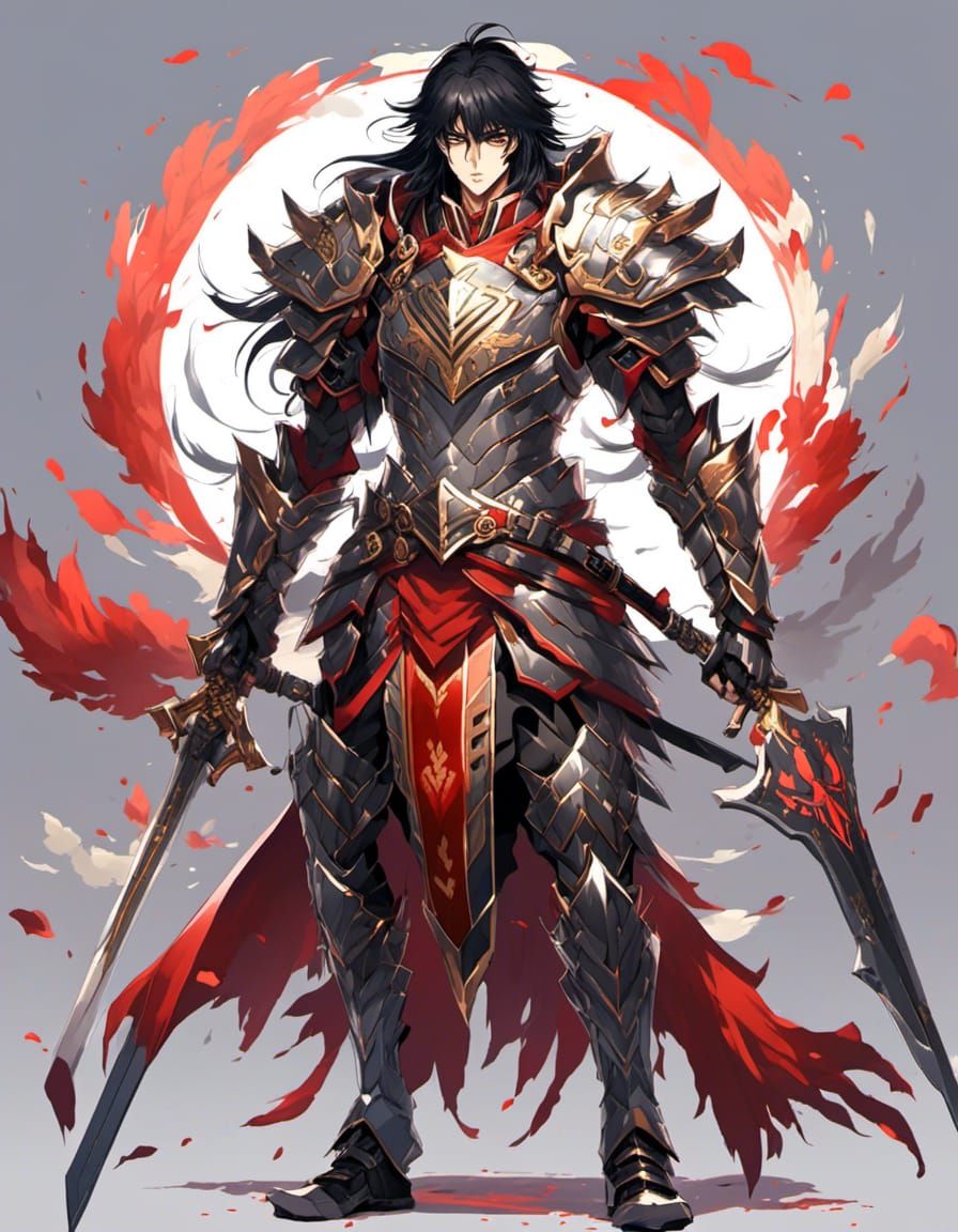 Male Warrior, Gilded Armor with Red Trim, Bold, Charismatic, Stoic, Bipedal, Full Body, Grey Eyes, Black Hair, On the Battlefield, Anime <lo...