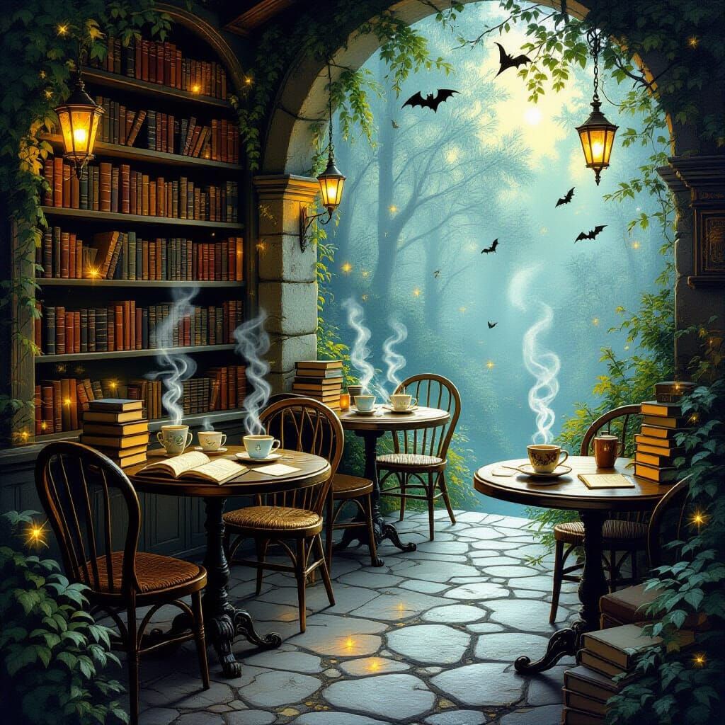 Ein verzaubertes Cafe, Tische mit dampfenden Kaffeetassen und Stapel von glühenden Zauberbüchern   by @Mona