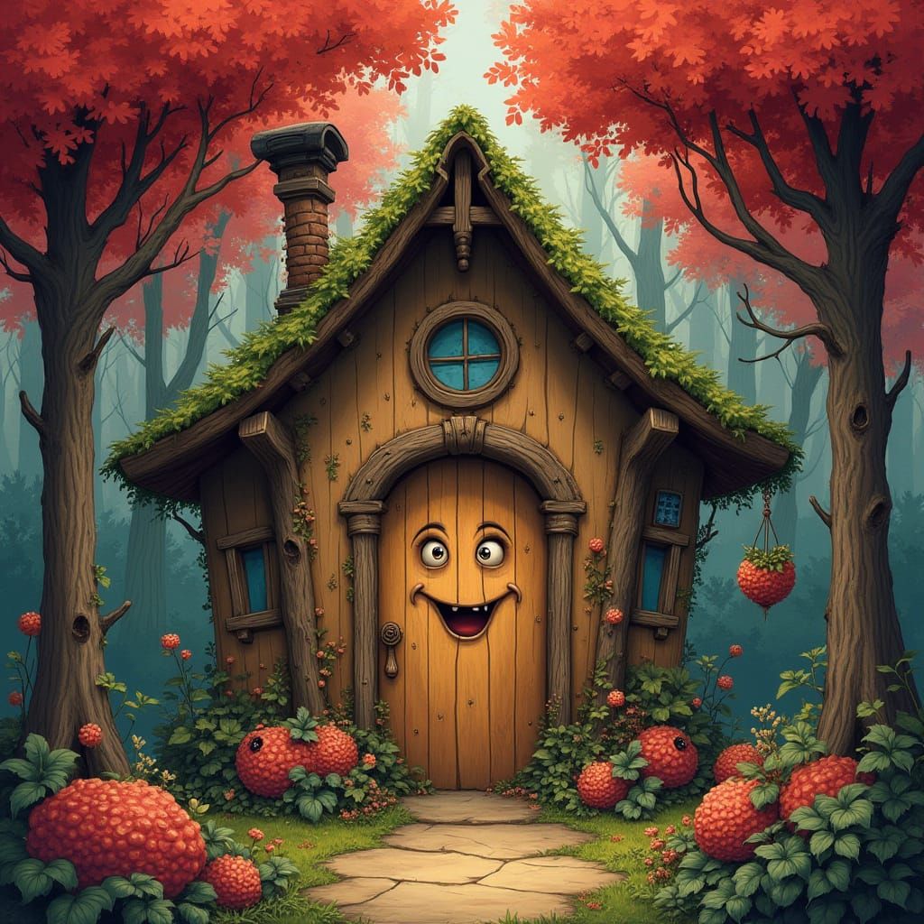 Whimsical Wooden Cottage in a Crimson Forest