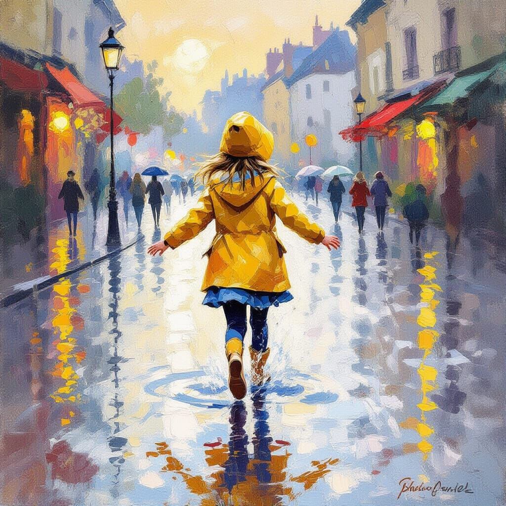 Young girl in a yellow raincoat splashing joyfully in puddles  by @Dreamer in Hell