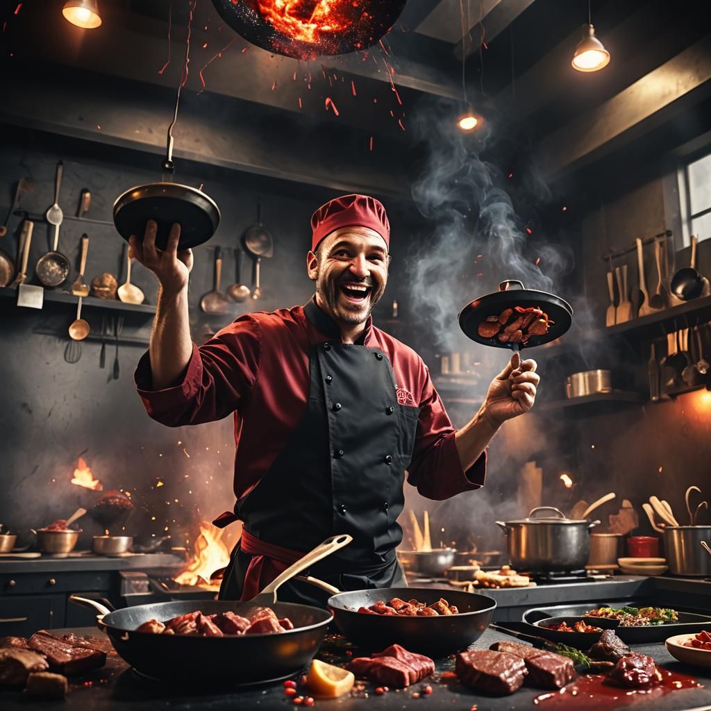 Dark Fantasy Chef Cooking Meat in Vibrant Colors