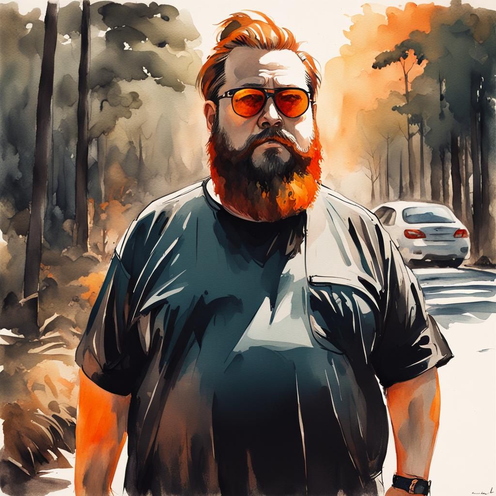 Detailed Watercolor Portrait of Overweight Bearded Man