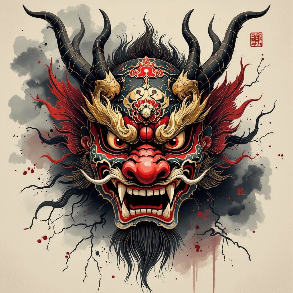 Majestic Dragon God Nuo Mask in Chinese Ink Wash Style