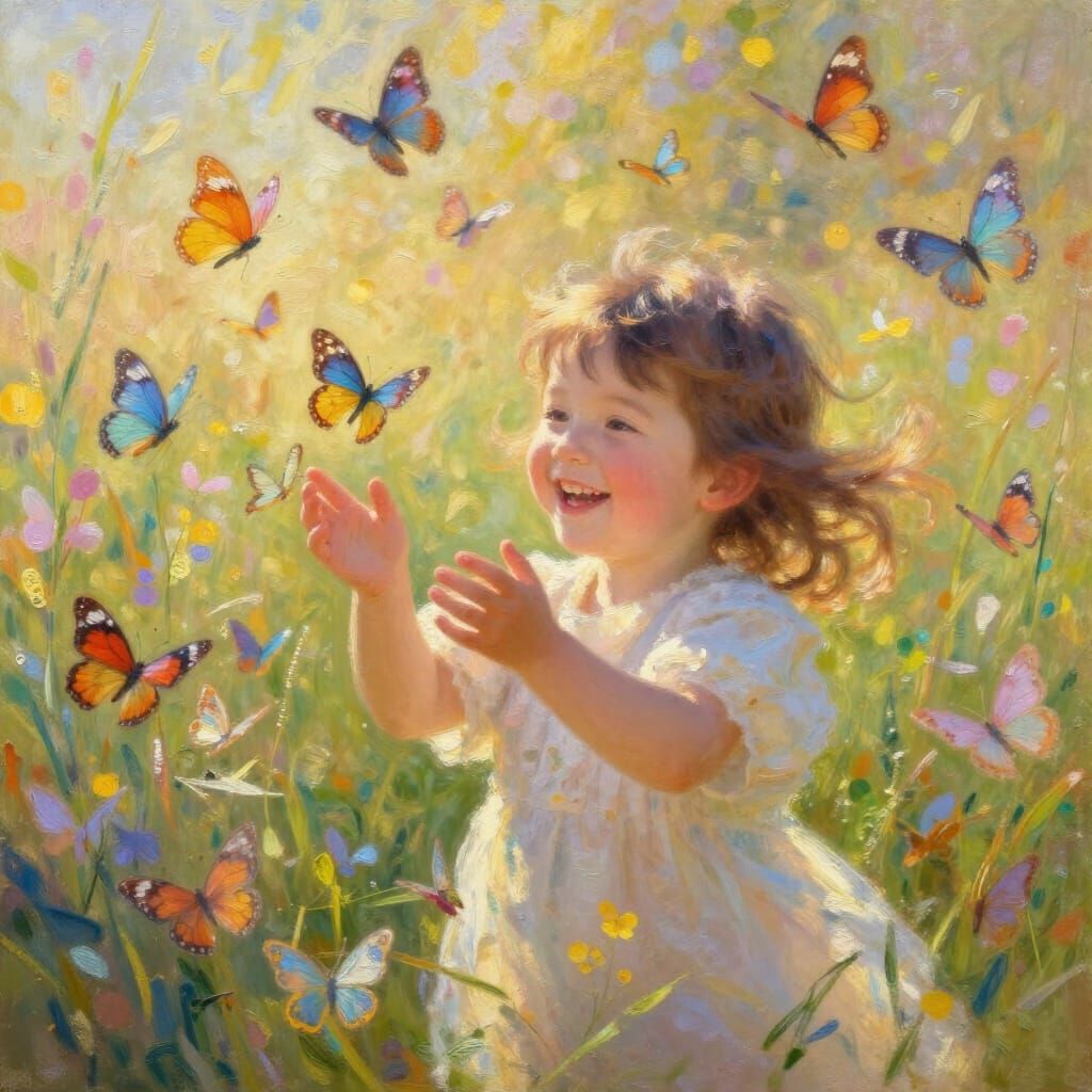 Joyful Child Playing with Butterflies in Sunlit Meadow