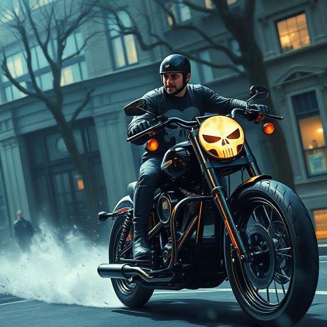 THE PUNISHER - [MARVEL COMICS] RIDING A BLACK HARLEY DAVIDSON MOTORCYCLE.