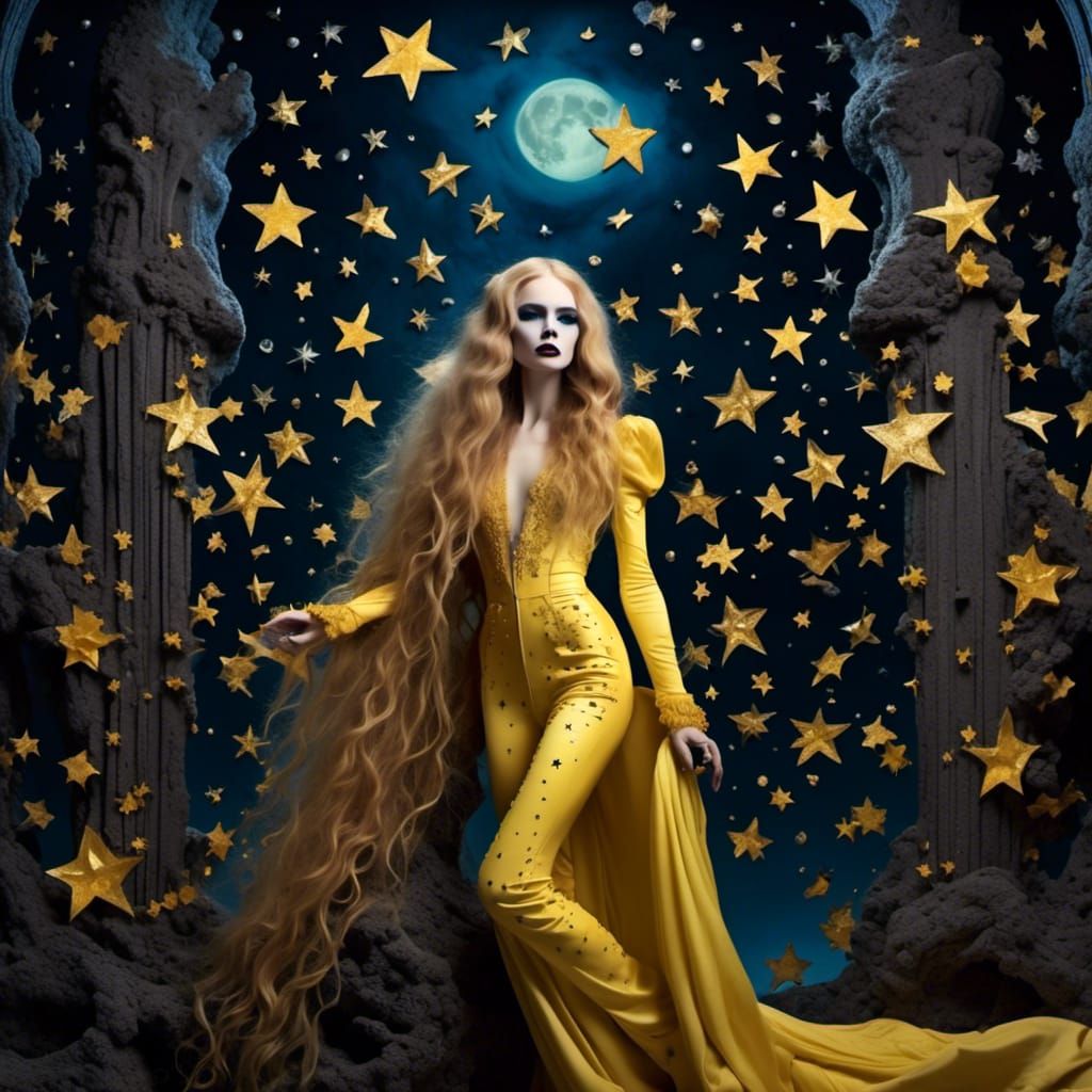 Majestic <lora:Gothic Romantics:1.0> , tall space vampire with yellow   wild flowing long hair, long teeth and nails, latex catsuit. Eleganc...