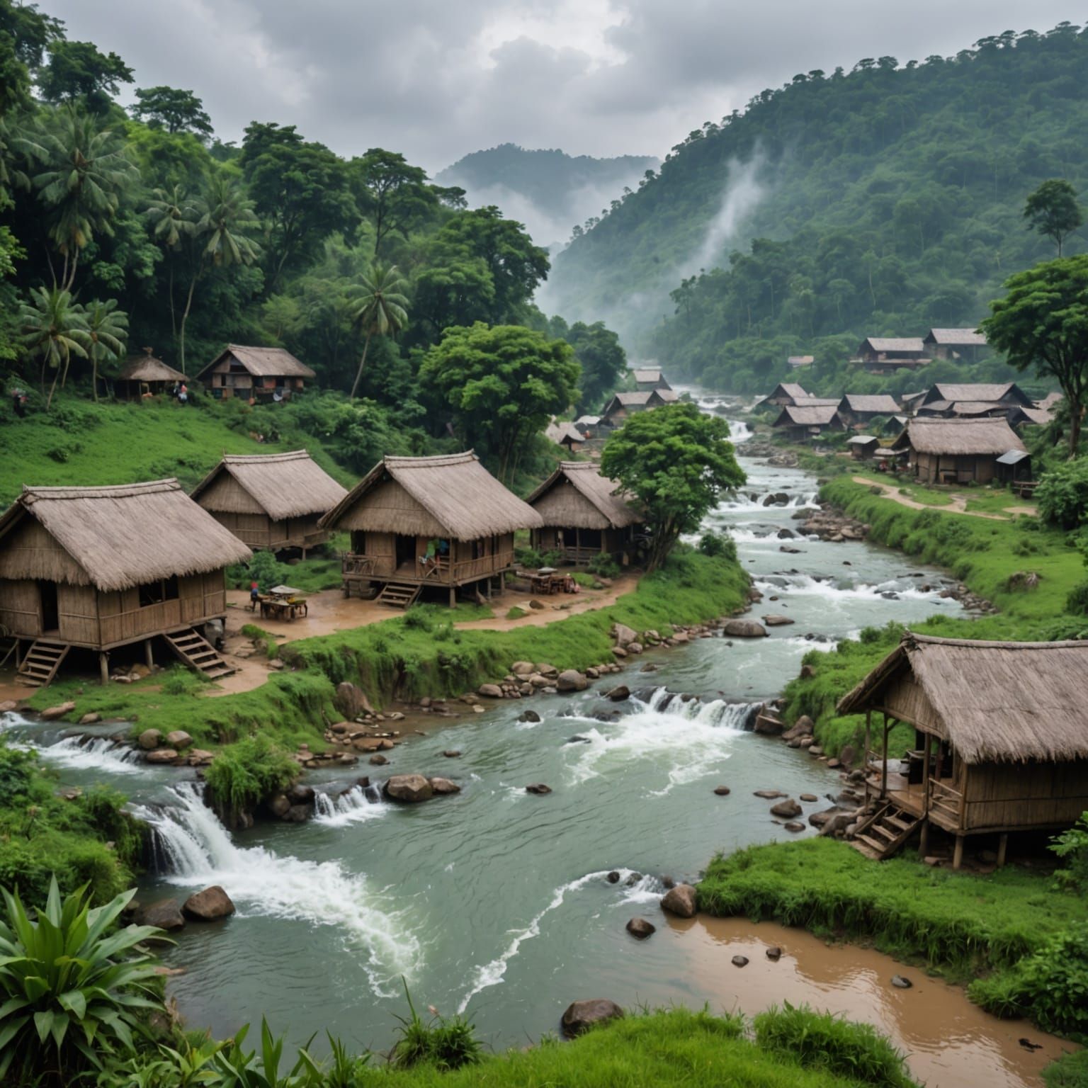 Serene Village Scene with Evening Rain