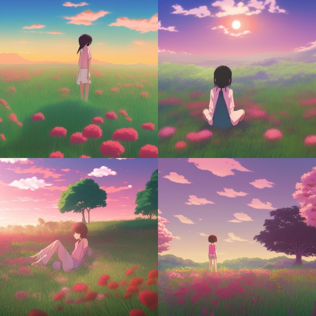 A beautiful scenery of flowers and a pink and red sunset wit...