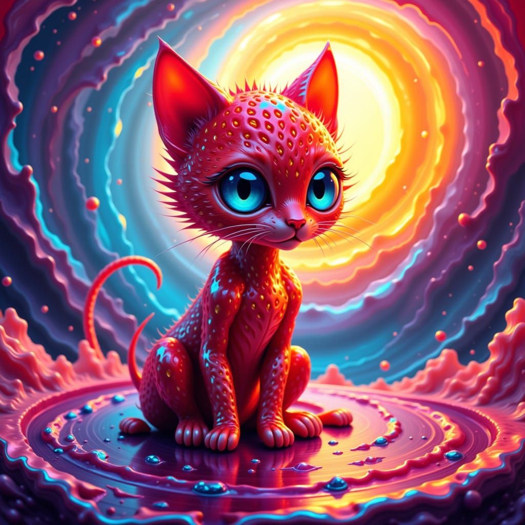 Hyperrealistic fusion art. Mid shot. A teeny tiny strawberry-kitten hybrid with intricate details, sitting on a colorful background with a r...