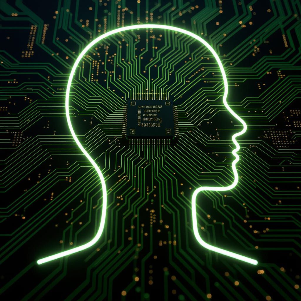 An electronic circuit in the shape of a horizontal human silhouette glued to the ground, with a metallic border and a green circuit color, c...