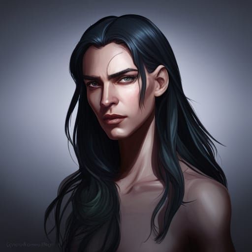 Androgynous beautiful Tolkien fantasy elf with long jet black hair ...