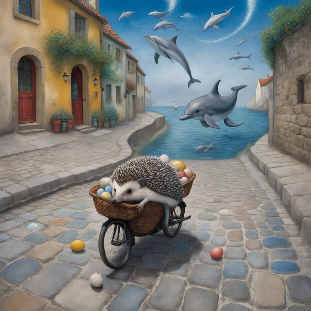 A hedgehog rides on a dolphin along a cobblestone street, ca...