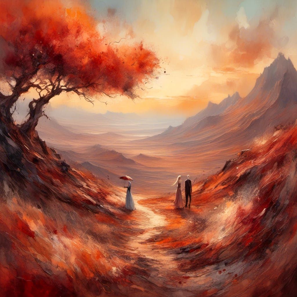 <lora:Oil and Glory:1.0> A man and a woman meet in an undefi...