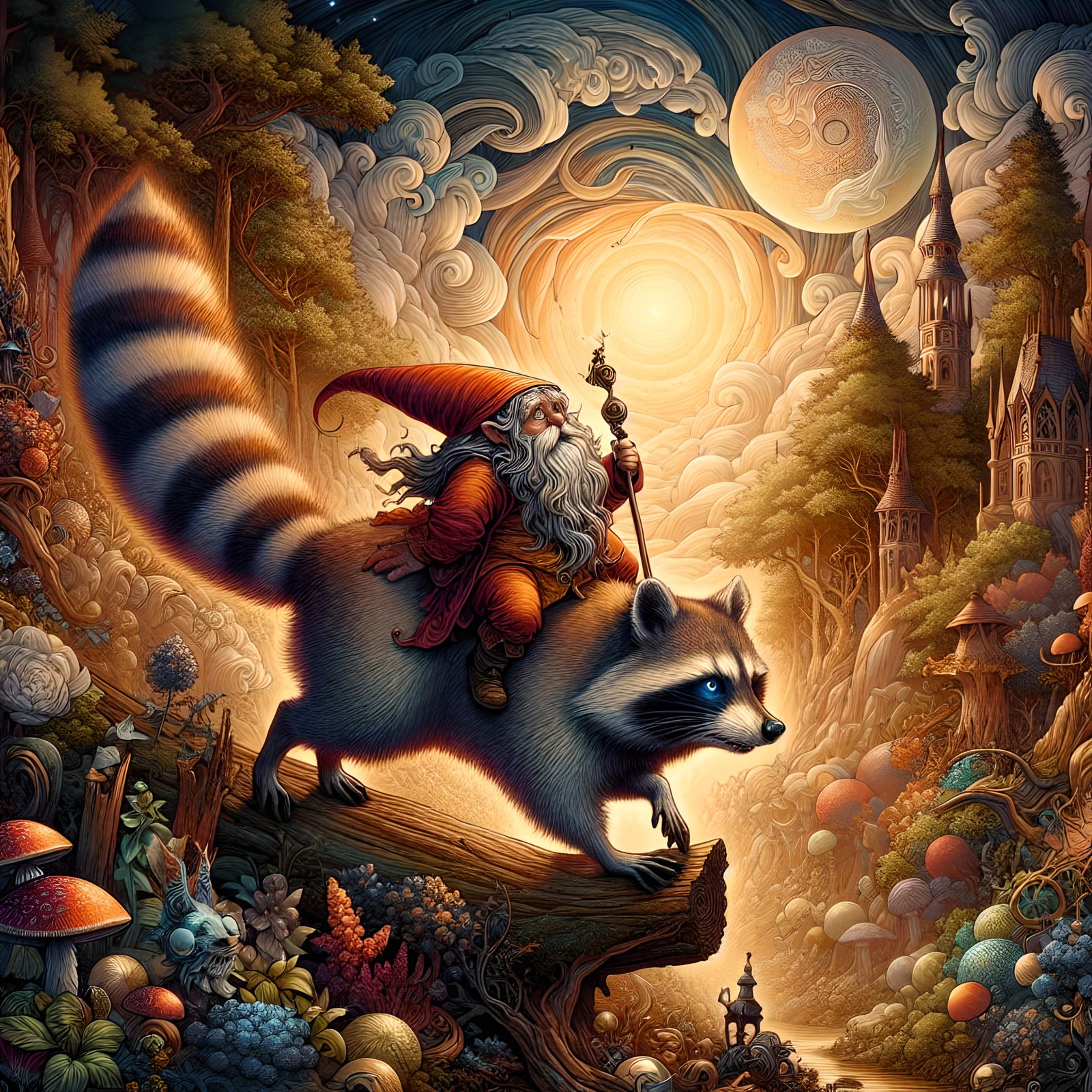 Gnome riding a raccoon