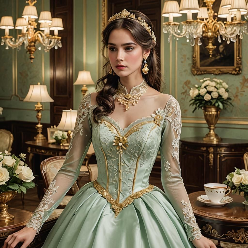 The subject is adorned in an elegant mint green gown with in...