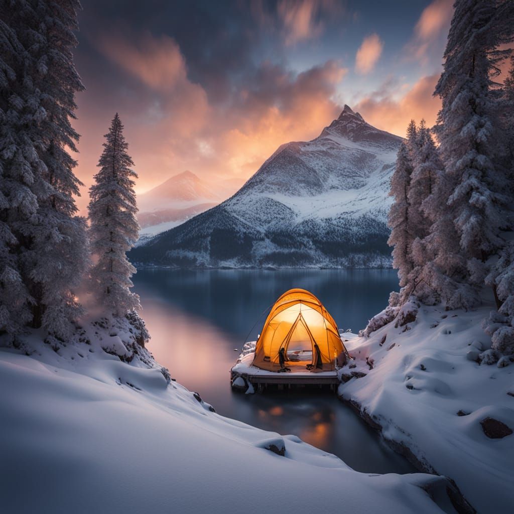 A tent covered in snow but with a soft light glowing from inside  by @Alison