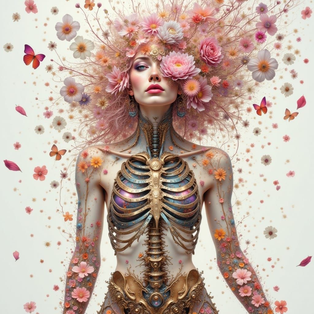 Surreal Woman with Floral Ribcage in Steampunk Style