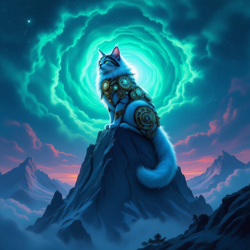A majestic, bioluminescent feline creature with intricate clockwork gears embedded in its fur, perched atop a colossal, crystalline mountain...