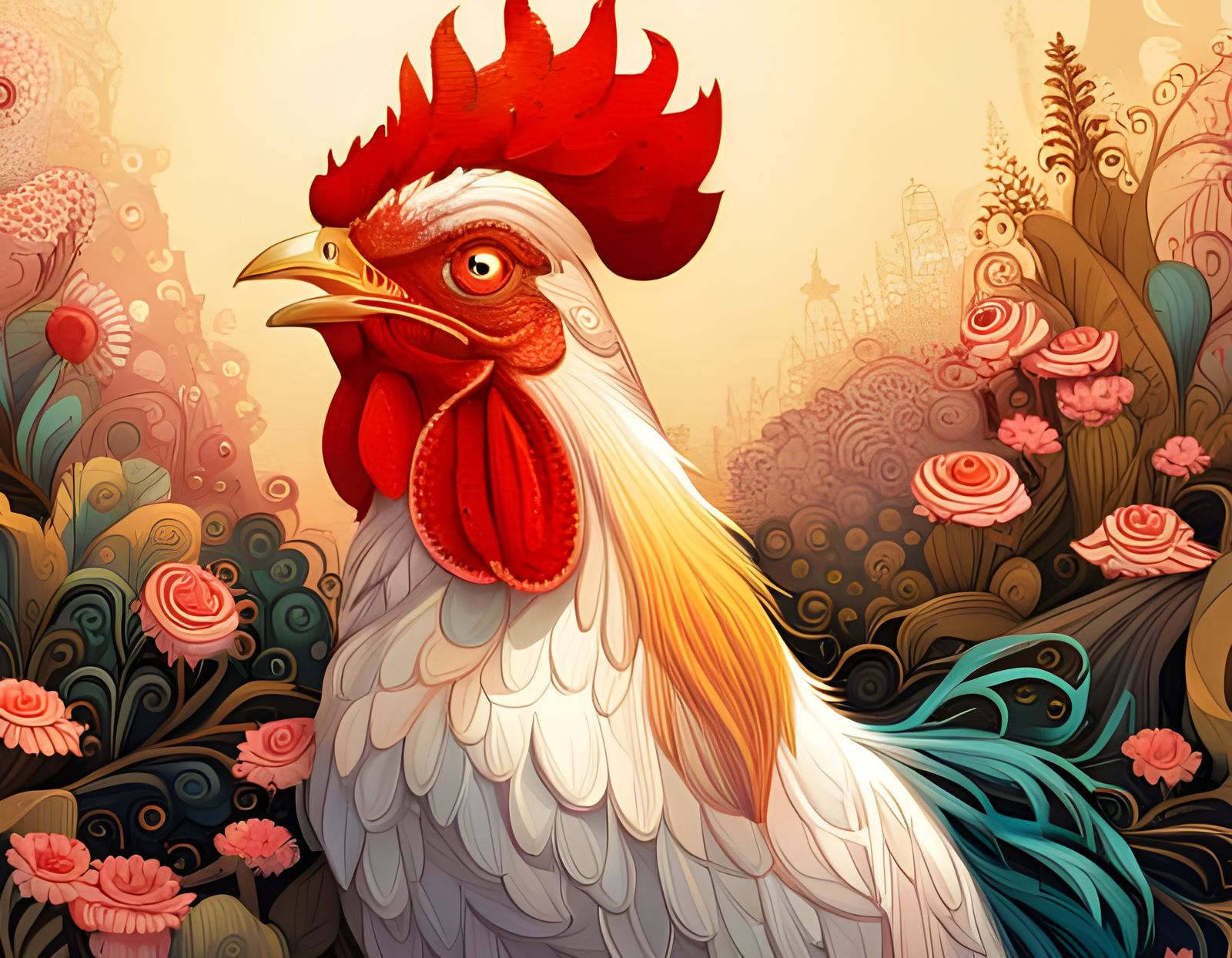 Rooster in a blooming garden  by @Struggling with existence