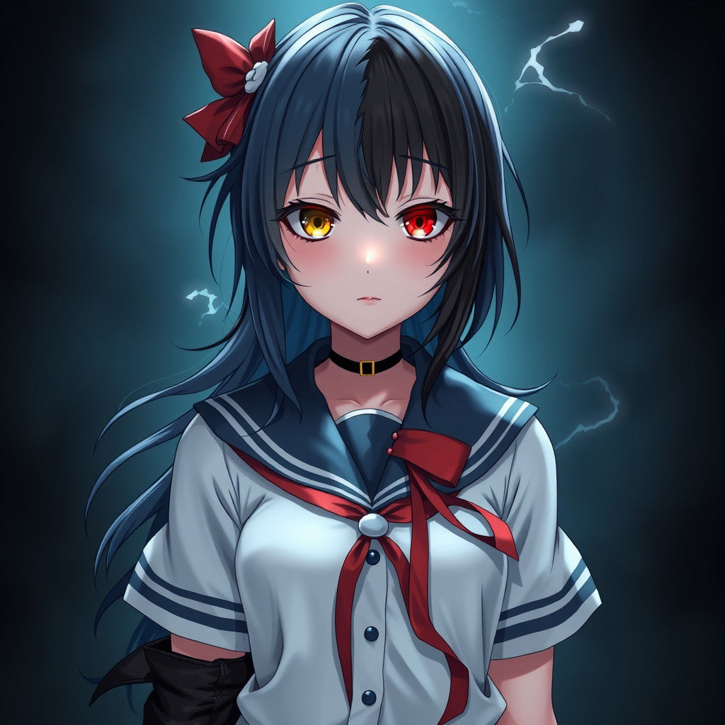 Haunting Schoolgirl Duality in High-Contrast Anime Art