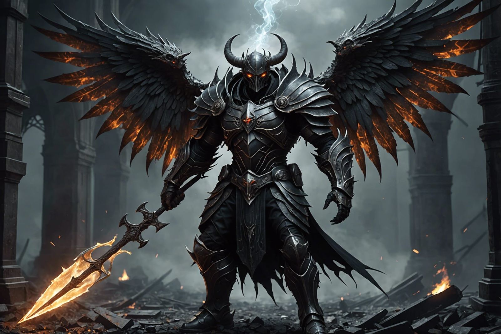 A dark hard-gothic supernatural warrior nephilim without eyes who carries a molten-steel pair of scales with ethereal wi...