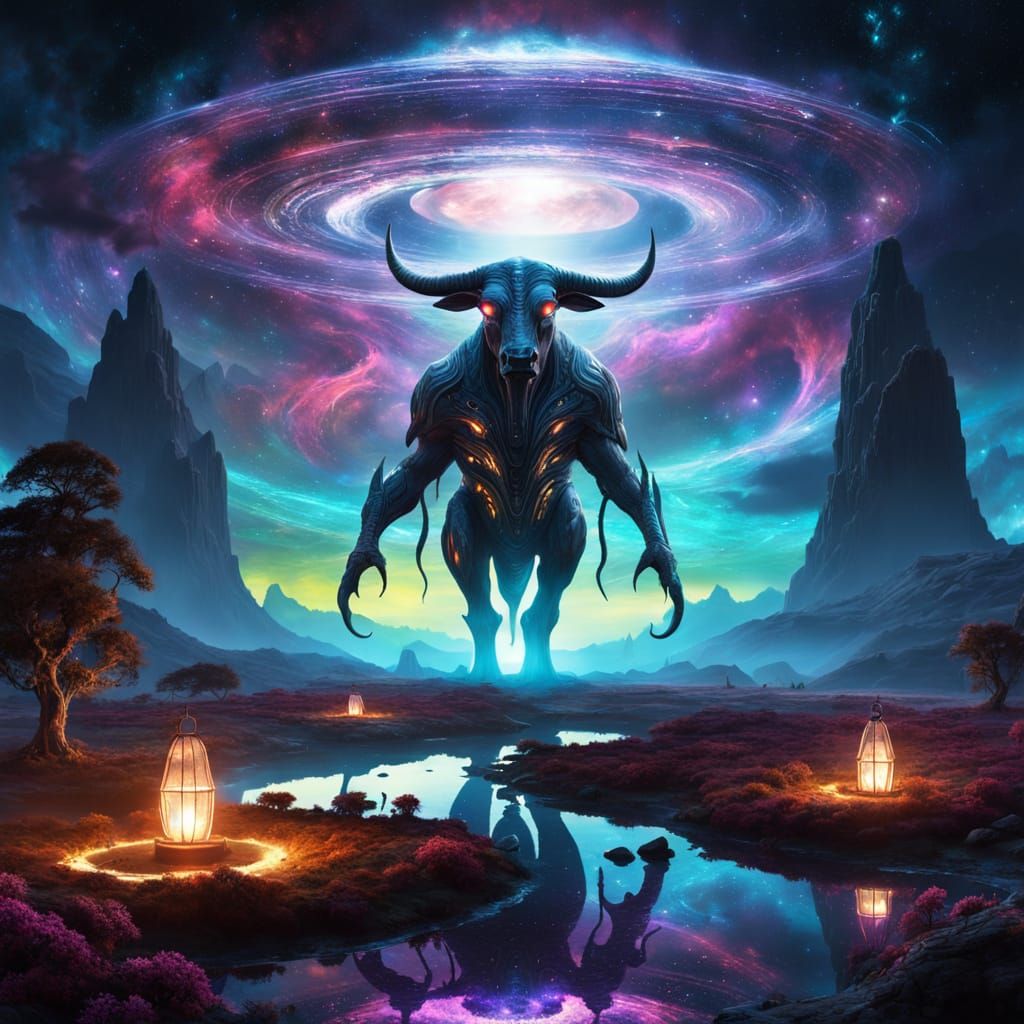 Digital painting. A colossal, ancient bovine alien in space armor with eyes like swirling nebulae, standing guard over a shimmering cosmic p... - Start Image 1
